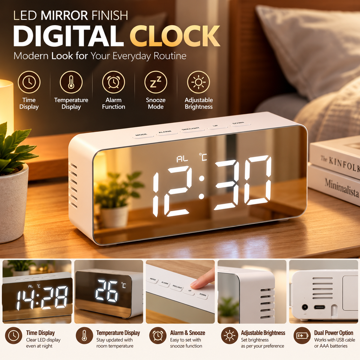 Mirror Finish LED Digital Alarm Clock with Temperature Display