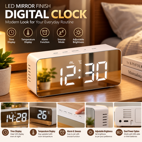 Mirror Finish LED Digital Alarm Clock with Temperature Display