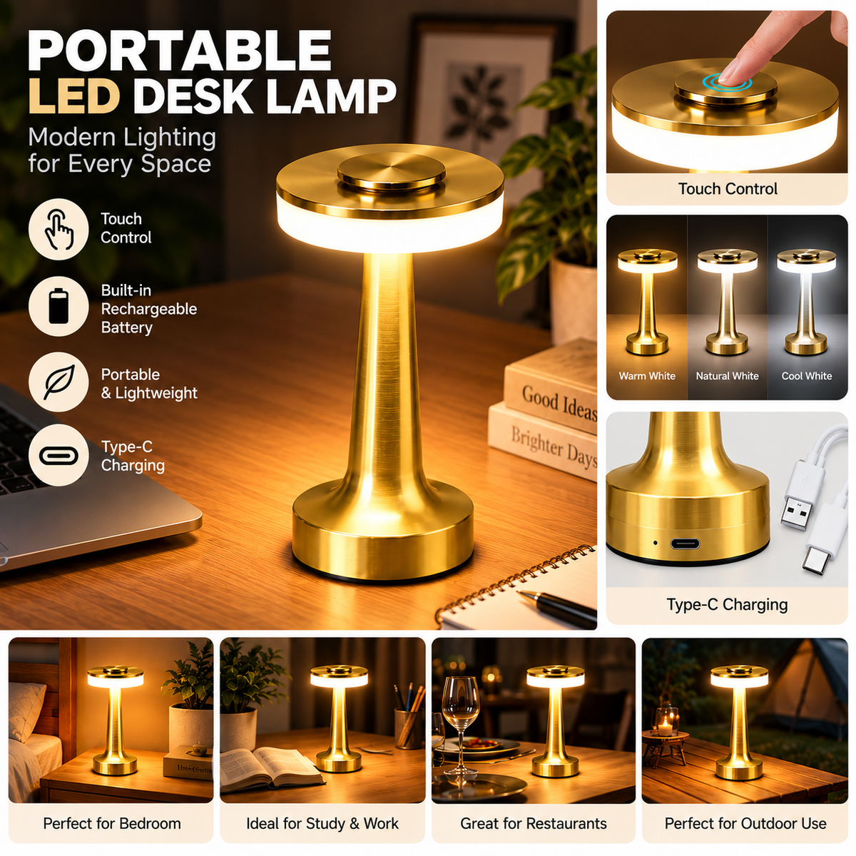 Portable Gold LED Desk Lamp – Rechargeable Touch Light