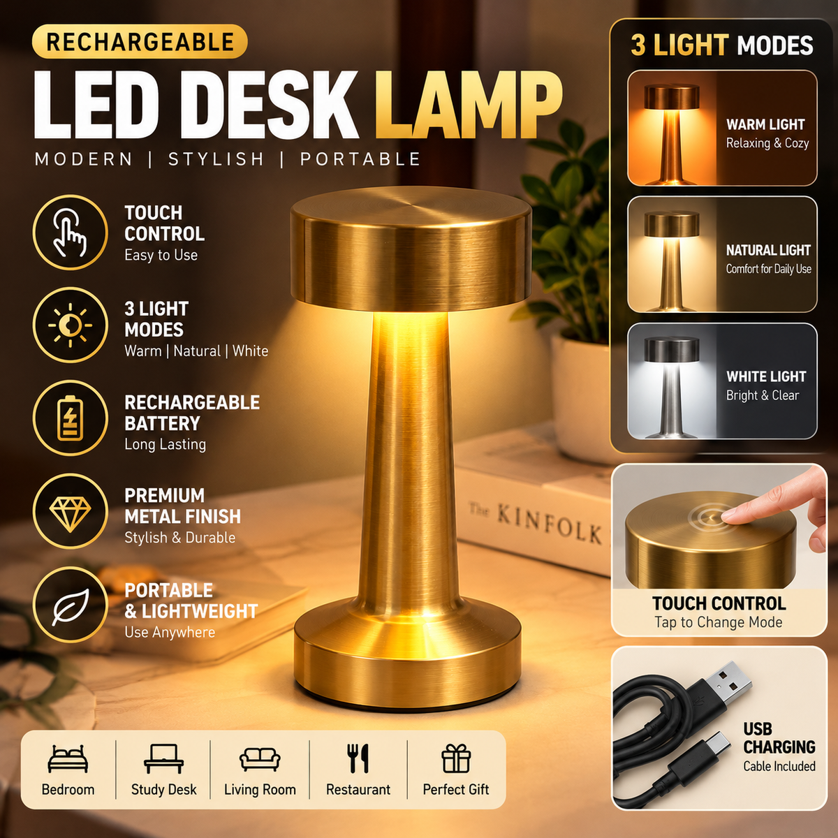 Rechargeable LED Table Lamp – Premium Gold Finish