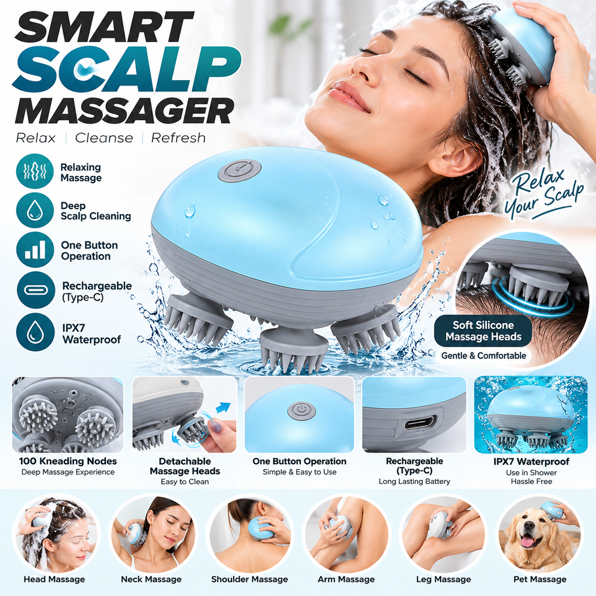 Smart Scalp Massager – Rechargeable Electric Head & Scalp Massage Brush